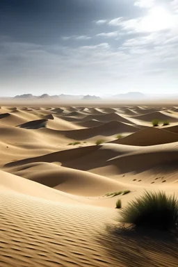 A vast and desolate desert landscape, with towering sand dunes and a solitary oasis