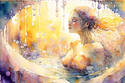 woman in bubblebath, wet on wet + sunrise, petals, watercolor patchwork by Daniel Merriam, Josephine Wall. elegant beautiful watercolor aquarelle