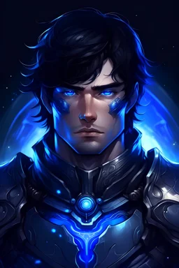 Galactic beautiful strong man knight of sky deep blue eyed blackhaired vessel