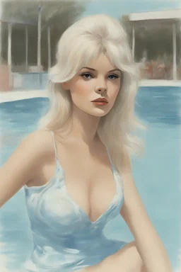 illustration of rigitte bardot, at the swimming pool, style of Marcel Marlier, pastel colors