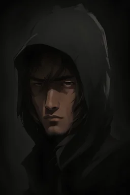Portrait of a young male with long hair, and tan skin color, wearing a hood, with a maskdrawn in Yoji Shinkawa style.