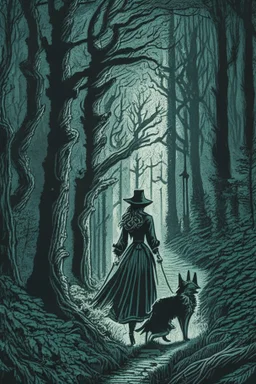 in the style of a Henry Justice Ford drawing, a beautiful witch walks through a dark forest, a dog is coming towards her