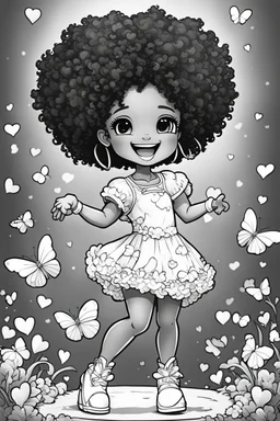 create a coloring page of a chibi girl with a curly afro ponytails dancing around hearts and butterflies. she smiles while shes playing with her puppy, black and white