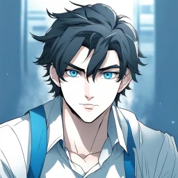 A headshot of a confident handsome man with messy black hair and blue eyes, wearing casual, modern attire, colored manga style, intricately detailed,