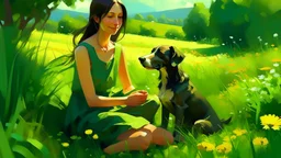 The work is a serene and joyful depiction of Arugula, a young woman enjoying a beautiful day outdoors with her faithful dog. Primary Style: Whimsical realism incorporating elements reminiscent of Impressionist paintings for the outdoor setting, with a touch of modern digital art to achieve vibrant colors and textures. Overall Atmosphere: Calm, joyful, and carefree. Emotional Tone: Heartwarming and serene, it captures a moment of perfect companionship between Arugula and her dog. Essential Elemen