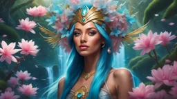 Photo realistic portrait of a gorgeous smiling skinny polynesian goddess with a golden dark shining skin, long smooth clear turquoise blue and pink white hair, blue eyes, in a sci-fi outfit with luminous strikes blowing a kiss in a hill of flowers with sakura trees, a waterfall, a crystal palace, loads of mini flowers, moss, sun rays through the branches, particles in the air at spring. Intricated details,