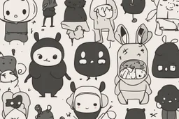 6 simple shaped hand drawn cartoon characters that are cute dark and have hoodies