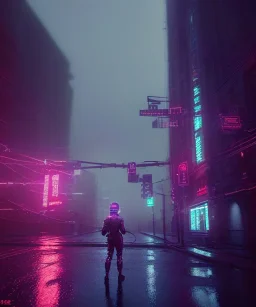 3D, beautiful, light reflecting, empty city at midnight, rainy night, neon, cyberpunk, person with helmet walking