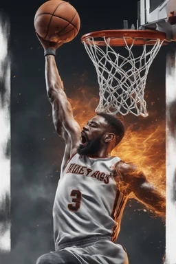 8k, highly realistic and detailed image of a NBA basketball player in action dunking the ball in the net, sweaty hair, screaming look,action and smoke and flames background