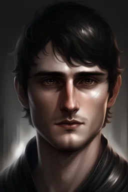 Ein Fantasy Porträt von einem Mann mit kurzen, dunklen Haaren und silbernen Augen. Er hat ein eckiges Gesicht