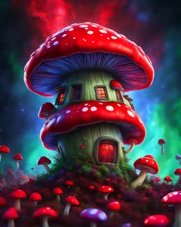 A lonely floating island mushroom house in space. red green blue, deep space nebulas. Detailed gloss Painting, bright color, fantastical, intricate detail, splash screen, hyperdetailed, insane depth, concept art, 8k resolution, trending on Artstation, Unreal Engine 5, color depth, backlit, splash art, dramatic, High Quality Whimsical Fun Imaginative, good composition