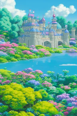 castle, fantasy land, unicorn, Beautiful , deesse, flower border, flowers, happy cosmic, bright colors,, very blue, pink, gold, jewels, realistic, photo real, clear smiling background, beautiful highly detailed, high contrast, high definition, unreal engine 5, extremely sharp detail, light effect, sunny light background