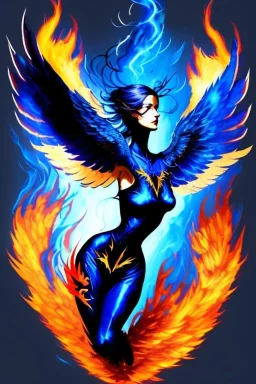 dark, blue phoenix, flaming wings, beautiful, smooth, flying, graceful