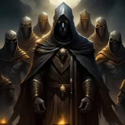 The game master, hooded figure looming over warriors