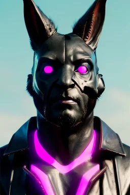 Medium Close Up Portrait, Front image. cyberpunk, rabbit mask, strong man, black hair and beard. latex suit army. Pink, black, color. Cyber futuristic style. Color background, photo studio. Avatar image, highly detailed, concept art, smooth, unreal engine 5, ray tracing, RTX, lumen lighting, ultra detail, volumetric lighting, 3d, finely drawn, high definition, high resolution.