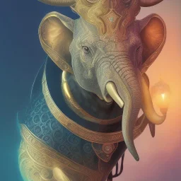 fantasy magic, intricate, sharp focus, illustration, highly detailed, digital painting, concept art, matte, art germ and Paul Lewin and Kehinde Wiley, masterpiece silver elephant head bronze Buddha rabbit turquoise golden waves