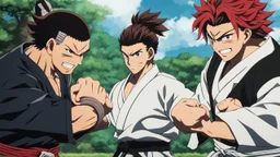 yujiro hanma vs yoriichi tsugukuni, baki vs kimetsu no yaiba, two mans standing in front of each other, a big strong man in black shirt with red hair and evil grin in martial art's stance with bare fists facing a smaller feminine swordsman with long hair and calm face reaching for his sword in traditional japanese clothes both preparing to fight each other