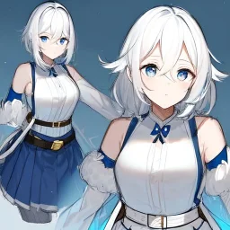 Clear focus, High resolution, rough line sketch art, short fluffy white hair, hair between eyes, fluffy hair, blue eyes, wearing a sleeveless shirt, wearing a a pleated skirt , detailed outfit, lots of details, bow on belt, white belt, white and blue everywhere on outfit, cut sleeve, yellow chains around outfit, concept art