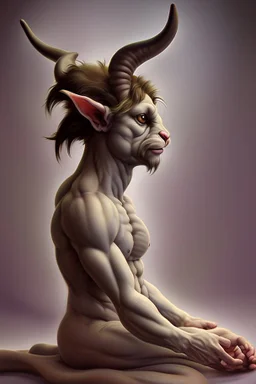 Satyr with cloven hooves, horns, and a tail; neo-surrealism