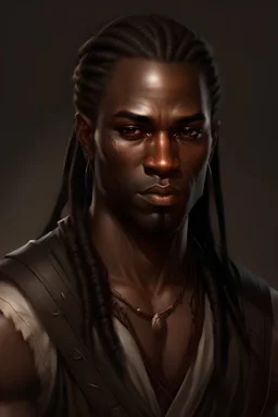 a man in his fourties, dark brown skin, slanted eyes, strong round face, scarred cheek, long braided black hair, dark brown vest, realistic epic fantasy style