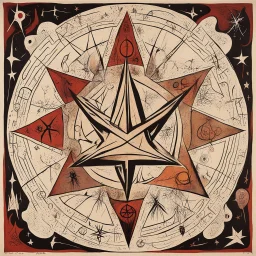 Pentagram nightmare, creepy cave painting Satanic ritual, symbolic art, sinister abstract surrealism, by Squeak Carnwath and Tracy Adams and Otto Rapp, silkscreened mind-bending smooth illustration, Devil worship symbols glyphs, dark colors, sharp contrast, highly focused