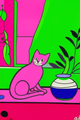 henri matisse. Cat, coffee. Colors: pink, purple, greens