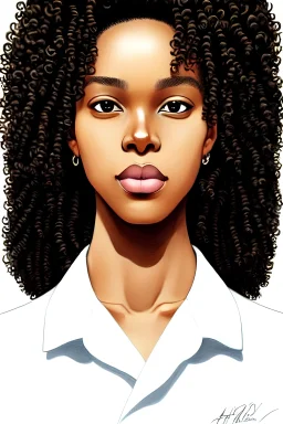 schönes Gesicht! Porträt einer jungen schwarzen Frau, die von Gott mit ständig zunehmender körperlicher und geistiger Perfektion gesegnet wurde, lockiges braunes Haar, elegant, hochdetailliert, Vision von Perfektionslächeln, digitale Malerei, weicher, scharfer Fokus, Illustration Hiromu Arakawa