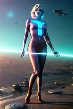 Realistic press image, retro sci-fi, portrait, waist up view, blonde woman, sweet Marylin Monroe face, perfect iris, glow eyes. tight latex tights suit. Retro Futuristic city, cars flying. epic style, vibrant color, highly detailed, unreal engine 5, ray tracing, RTX, lumen lighting, ultra detail, volumetric lighting, 3d, finely drawn, high definition, high resolution.