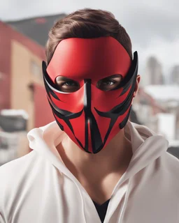 Draw an illustration with a red and black hood and a dragón mask over they eyes