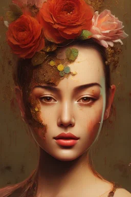 painting of flowers and beautiful girl portrait, rust, scaffolding, iron cladding, decay, mixed media, textured, anatomically correct, beautiful perfect face, sharp focus, highly detailed