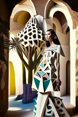 model with dress printed in 3D inspired by trullo, palm and orchids