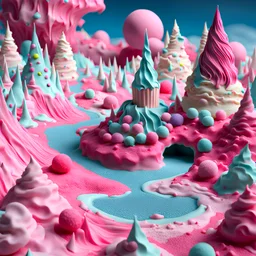 detailed creepy landscape made of cake frosting, cotton candy, ice cream, strong texture, extreme detail, octane render, Yves Tanguy, Max Ernst