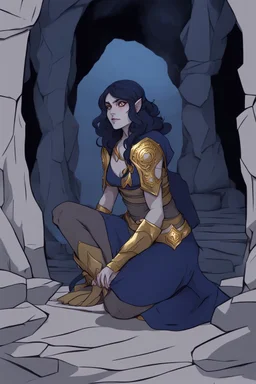 Dnd character on her knees in a dark cave. A female Moonelf twilight cleric with super curly, super short, dark blue hair and golden eyes. Wearing grey robes. Muscular, broad, beautiful.