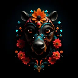 logo design, complex, trippy, bunchy, 3d lighting, 3d, camel, realistic head, colorful, floral, flowers, cut out, modern, symmetrical, center, abstract, black background