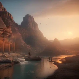 Petra, Ürdün, sunset, fantasy art, flying birds, springs, landscape, beautiful, realistic, hyper detailed, unreal engine 5, octane render