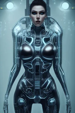 cyberpunk, black latex body, women, body portrai, big boobs, highlight eyes perfect, skin, tron, cyborg, perfekt sexy, real, dream, hr giger