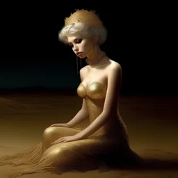 (Masterpiece1:5) By(Jan Saudek:Natalie Shau:1.5) (highest quality) (ultradetailed:1.5),bright Foreground with (gold sparkles floating Intricately through the painting:1.5),attractive and content woman 😁, she sits on the beach with snoot lighting is the defining light source,gold dress melting into the sand 😅),dreamlike, (surreal:0.5) beach with soft sand, High contrasts, vibrant colors, flawless Composition,Soft Lighting Create Depth Of Field. accentuates the beauty of the piece,provocative ar