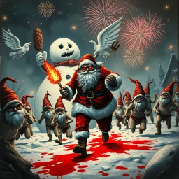 there is no kebabs at christmas, evil Santa, evil naked gnomes running around, staring flaming eyes, evil naked Rudolf, very big evil melting angry Frosty the snowman in background, 1940 christmas postcard, blood stains, Flying angels, fireworks, Tim burton style
