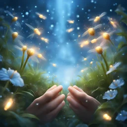 a beautiful garden in the palm of your joined hands, white and blue gradient background , white clouds, fireflies and particles around, macro photography, close-up, hyper detailed, artstation trends, sharp focus, studio photo, intricate details, very detailed, author: Greg Rutkowski