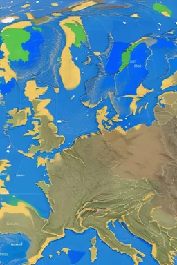 European countries are viewed from space, roads, cities, signs are visible. Highlight the names of the countries on the map. The clouds are naturalistic