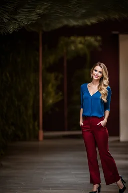 fullbody shot of young-beautiful-german girl-with-a-perfect-face-with-make-up-wearing- blue top and dark red pants standing , prophesional photography studio