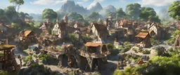 A busy market in a beautiful surreal sunny countryside scene with distant hills, many conjoining intricate characterful dwellings & a clock-house (designed by Esher & Dali), pathways & walkways & stairways & bridges & waterfalls & a waterwheel : ultra high detail, photorealistic, epic cinematic, 8K, Large depth of field