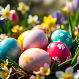Hyperrealistic 8K photograph, 16:9 aspect ratio, cinematic lighting, shallow depth of field. Close-up, slightly elevated perspective of a meticulously arranged cluster of Easter eggs nestled amongst spring blossoms (daffodils, tulips, hyacinths). Eggs flawlessly smooth, glossy surfaces reflecting soft, diffused natural light filtering through a sun-drenched garden. Vibrant colors: azure, emerald, ruby, golden yellow, blush pink. Intricate patterns: delicate pastel floral motifs, iridescent go