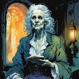 create an imaginative drawing of the pale translucent ghost of an aged crone Parisian female fortuneteller, clothed in tattered and ragged, ornate Napoleonic period dress, with finely detailed hair and feminine facial features, in the otherworldly shadows of the Paris catacombs, in the comic book art style of Bill Sienkiewicz, Mike Mignola, and Jean Giraud Moebius, finely textured, drawn, colored, and inked