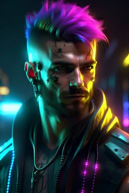 cyberpunk man with a light stubble and wild, dyed hair