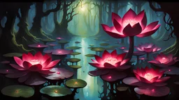 Magic The gathering ruby Lotus, glowing , growing, dark swamp, masterpiece
