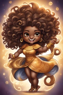 A fearless curvy dark-skinned airbrushed chibi swishes her lion tail excitedly, wearing a dress decorated with the Leo astrology symbol. With mane-like hair wild with curls, she smiles wide, showing off fangs. She stands arms and legs spread, steadfast as a lioness, demonstrating Leo courage and leadership. Background of a Leo zodiac symbol