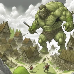 giant attacking a village