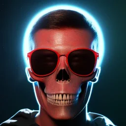 Midjourney style of detailed and intricate skull wearing red sunglasses| wearing cosmonaut suit| portrait and science fiction theme| aurora lighting| nebula and stars| stunning environment| volumetric lighting| vibrant