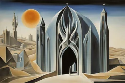 a surreal gothic_arab glass gate with a view of an old English city by artist "Zaha Hadid",by artist "Leonora Carrington"